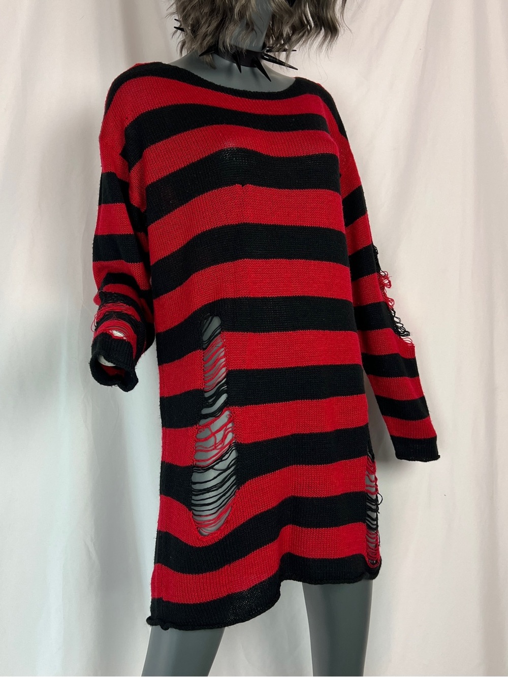 Black & Red Distressed Striped Oversized Sweater